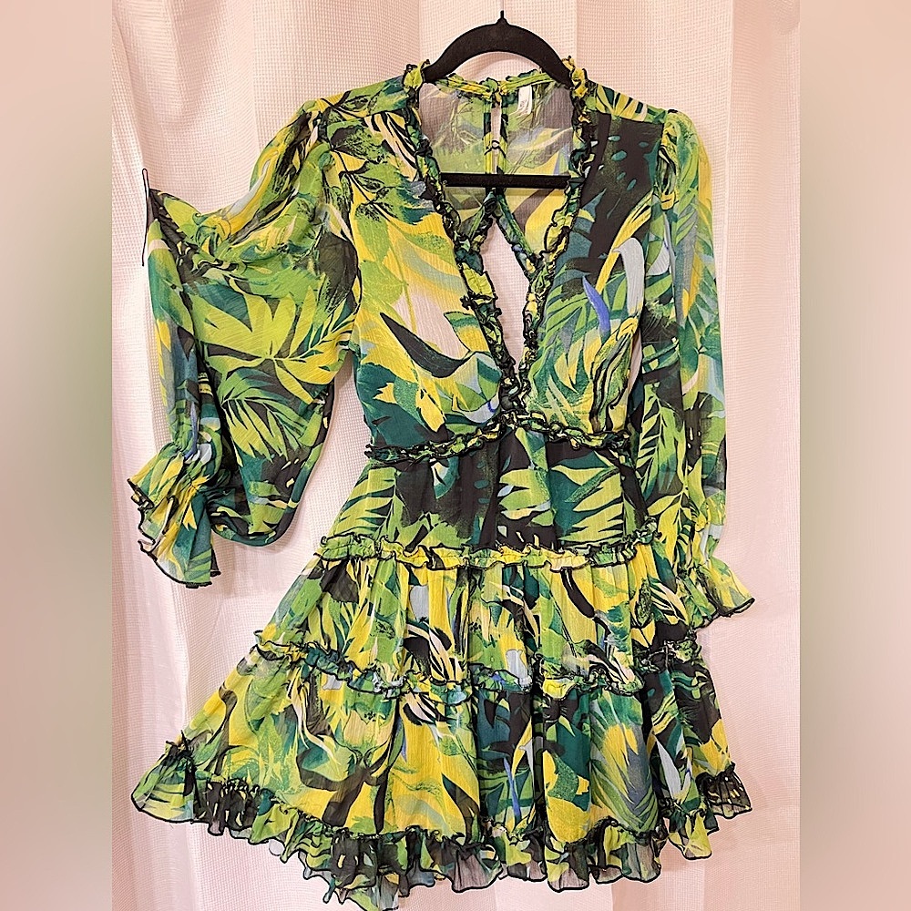 Whimsical forest fairy long sleeve Mini short sheer green yellow mosscore dress - Picture 2 of 6